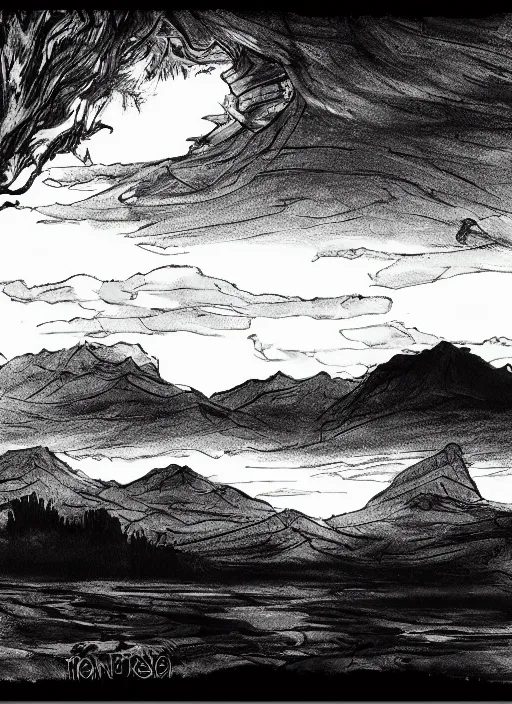 Prompt: black and white drawing of a landscape, an ink drawing by toriyama sekien, artstation contest winner, fantasy art, concept art, ink drawing, pencil sketch