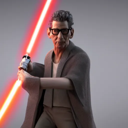 Image similar to hyperrealistic jeff goldblum wielding lightsaber, stunning 3 d render inspired by istvan sandorfi & xiang duan, perfect symmetry, dim volumetric cinematic lighting, 8 k octane comprehensive render, extremely mega hyper - detailed and lifelike attributes & atmosphere, intricate, realistic flesh texture, masterpiece, artstation, stunning,