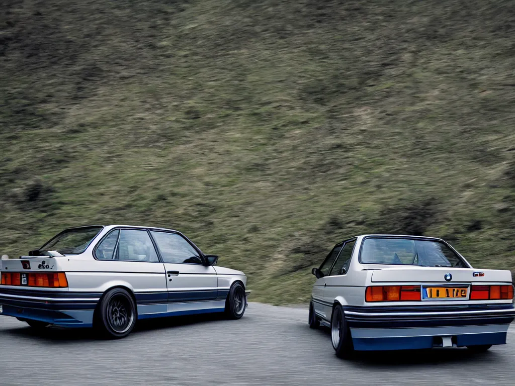 Image similar to a rear shot of a modified bmw e 3 0 with lights on a mountain road, motion blur, 3 5 mm photography, car photography, clean lines, realistic