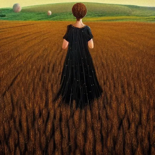 Prompt: giant black daisy flower over head, girl walking in wheat field, hills, surreal photography, dark night, star trails, dramatic light, impressionist painting, clouds, digital painting, artstation, simon stalenhag