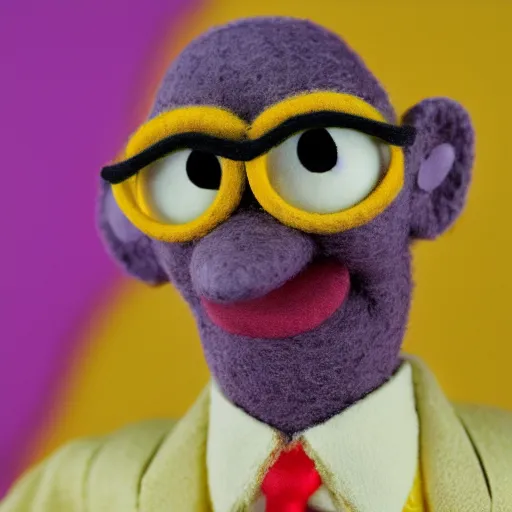 Image similar to gus fring as a muppet, yellow dress shirt. highly detailed felt. hyper real photo. 4 k.