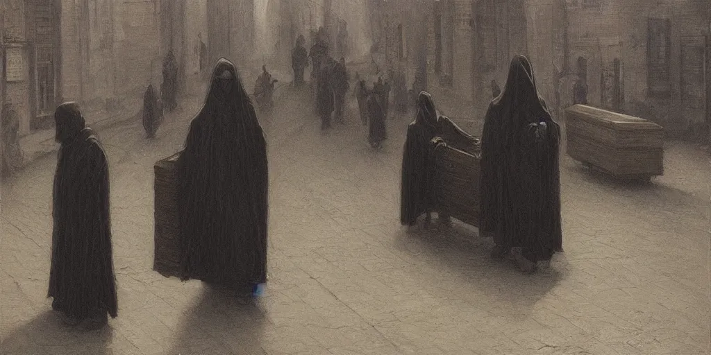 Image similar to a cloaked man dragging a black wooden coffin down the street by a chain lit only by gas lamps by john howe and henry ossawa tanner, trending on artstation, hyperrealism, highly detailed, art gallery, museum piece