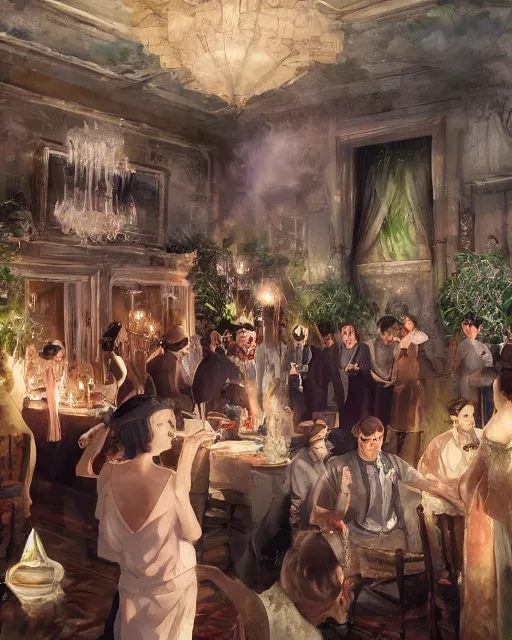 Image similar to craig mullins and ghibli digital painting of a 1 9 2 0 s grand party in a beautiful mansion, many partygoers, unreal engine, hyper realism, realistic shading, cinematic composition, realistic render, octane render, detailed textures, photorealistic, ultrawide shot, 3 5 mm film