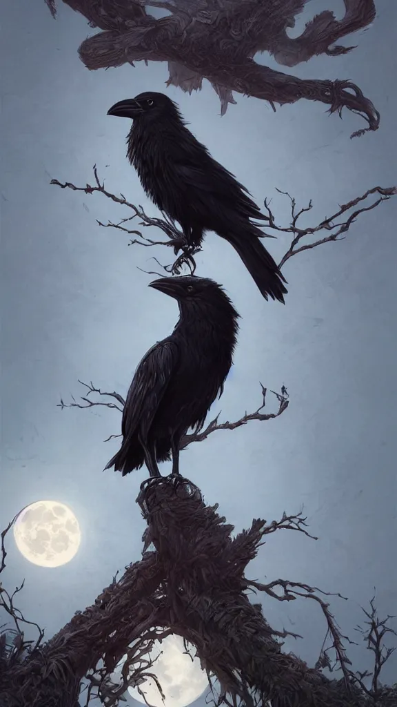 Image similar to crow on tree in front of the full big moon, highly detailed, digital painting, artstation, concept art, smooth, sharp focus, illustration, Unreal Engine 5, 8K, art by artgerm and greg rutkowski and alphonse mucha