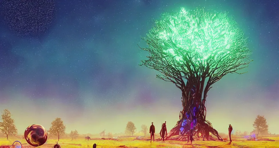 Image similar to cosmic tree of life made of stars, center composition, cinematic, rendered by simon stålenhag, rendered by Beeple, Makoto Shinkai, syd meade, environment concept, digital art, starwars, unreal engine, 3 point perspective, WLOP, trending on artstation, low level, 4K UHD image, octane render,