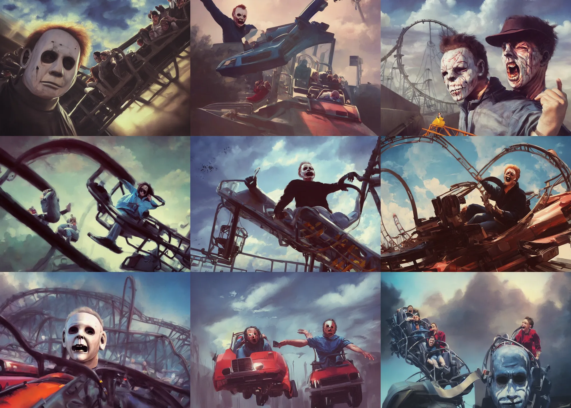 Prompt: portrait painting of Michael Myers having fun in a roller coaster, beautiful sky, sunny, happy, sharp focus, wide shot, trending on ArtStation, masterpiece, by Greg Rutkowski, clear facial features, by Ross Tran, by Fenghua Zhong, octane, soft render, oil on canvas, colorful, cinematic, environmental concept art