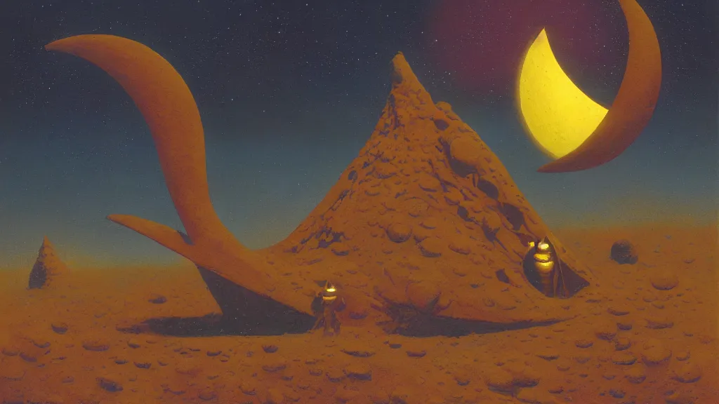 Image similar to mysterious whimsical sculpture of an alien crescent moon by paul lehr and john schoenherr and john harris, cinematic matte painting
