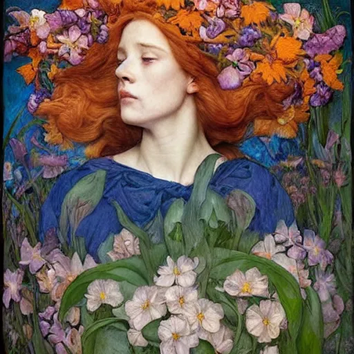 Image similar to queen of flowers, by annie swynnerton and charlie bowater and tino rodriguez and nicholas roerich and jean delville and evelyn de morgan and lucien freud, dramatic lighting, floral tattoos, rich colors, smooth sharp focus, extremely detailed, donato giancola, adolf wolfli