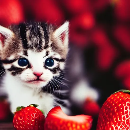 Image similar to macro shot photograph of an extremely tiny baby kitten on top of a strawberry