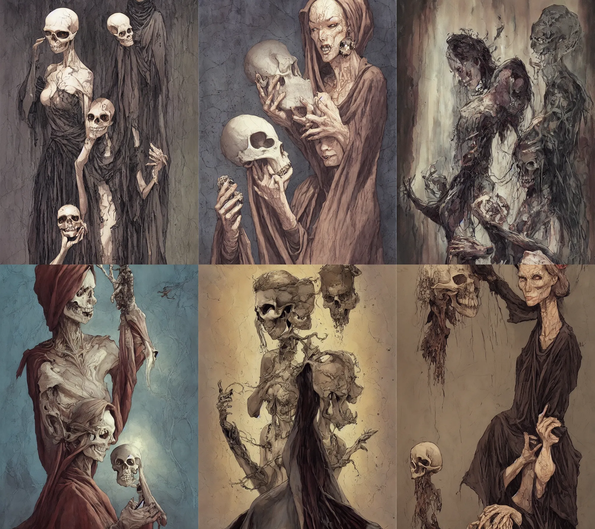 Prompt: A beautiful woman, stare at a skull she hold in her hand. She wear a long dark robe. By Régis Loisel and Enki Bilal and Tony Sandoval and Oliver Ledroit. Oil painting