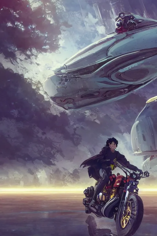 Image similar to akira riding a futuristic motorcycle on an abandonment planet, high intricate details, rule of thirds, golden ratio, cinematic light, 8 k, octane render, anime style, graphic novel by fiona staples and dustin nguyen, art by beaststars and orange, peter elson, alan bean, studio ghibli, makoto shinkai