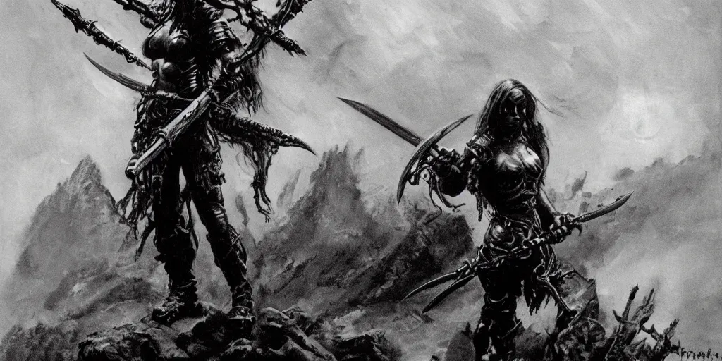 Prompt: female death dealer warrior, angel, by frank frazetta, wield large sharp metal double axe, full armor with ornaments made of black obsidian, standing on a hill at dark forest, cloudy dark sky, post-apocalyptic hellscape, hyperdetailed, photorealistic