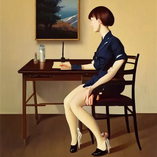 Image similar to oil painting by ilya kuvshinov, rhads, coby whitmore, of a youthful japanese beauty, long hair, sitting on antique chair leaning against a desk, victorian room