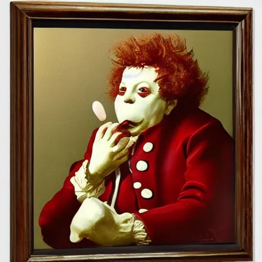 Image similar to ronald mcdonald eating a hamburger, painting by fransisco goya