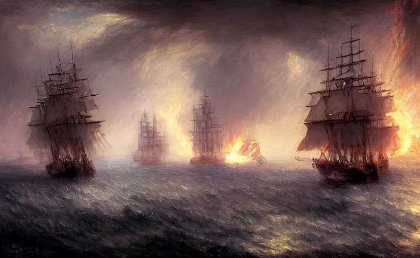 Prompt: epic naval battle, pirate galleons and tie fighters. by artstation trending, by joseph mallord william turner, luis royo, konstantin razumov, cinematic lighting, fractal flame, highly detailed