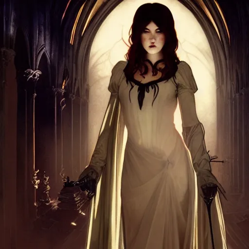 Image similar to a photo of mary elizabeth winstead as a vampire in a gothic cathedral at night, gloomy, horror, by artgerm and alphonse mucha and ross tran and greg rutkowski.