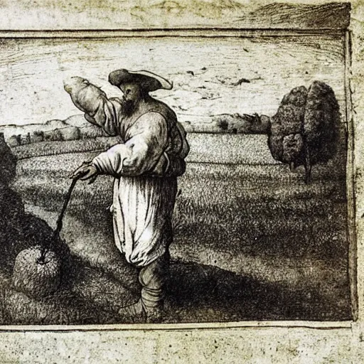 Image similar to Farmer tilling his field by Leonardo Da Vinci,