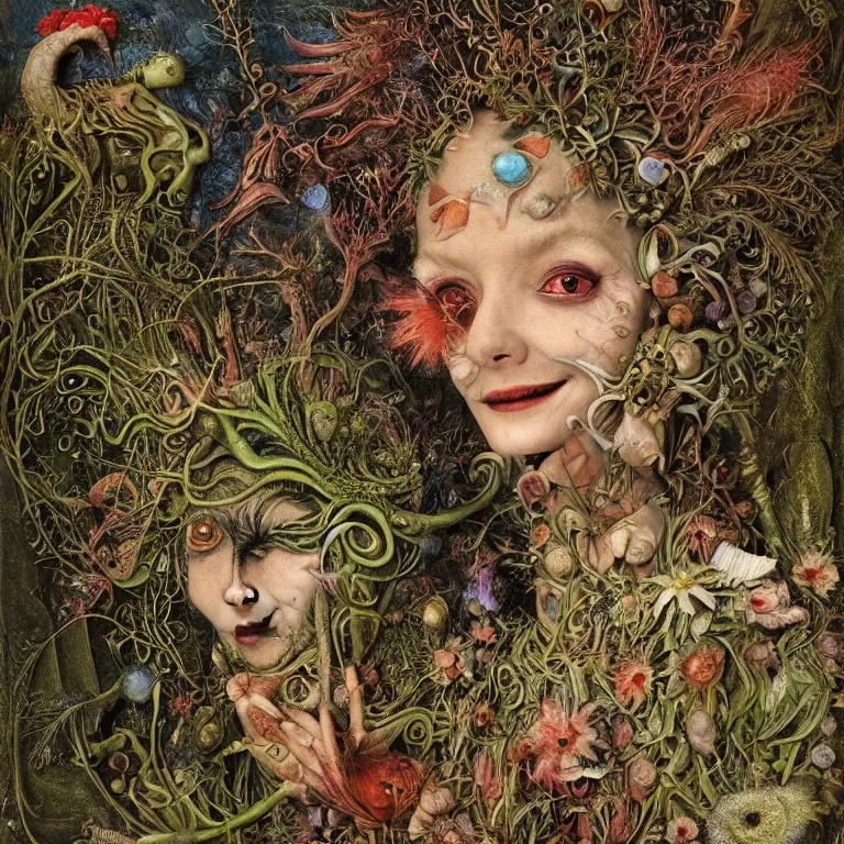 Prompt: a fish eye lense photograph of a grinning alien dryad with goat pupils transforming herself into a beast. her skin is covered in scales and feathers. flowers surround her body. painted by jan van eyck, max ernst and ernst haeckel, trending on artstation, 8 k, award winning, hard lighting, photorealistic painting