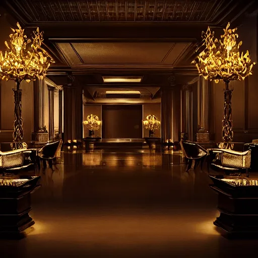 Image similar to upscale mysterious private auction, unnameable relics on display, cinematic lighting, moody lighting, extravagant details, lobby in the distance, elite dark figure