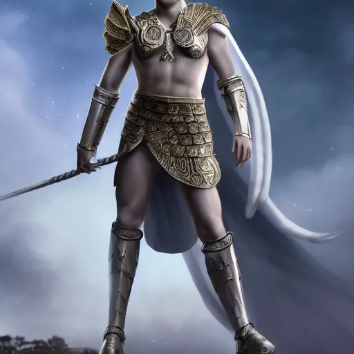 Image similar to male divine androgynous gorgeous, with a white gold high angelic armor, dark epic, roman toga, cinematic lighting, heaven background, concept art, highly detailed, photorealistic, 4 k