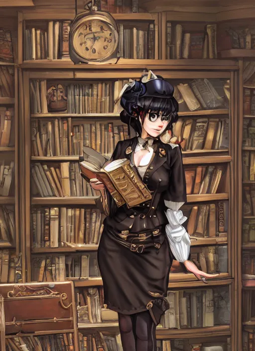 Image similar to a full shot of a steampunk female maid with a black bob hair style holding a stack of books, standing in a steampunk reading room. in a steampunk reading room. digital illustration, soft lighting lighting, 8K, anime, trending on ArtStation, digital art.