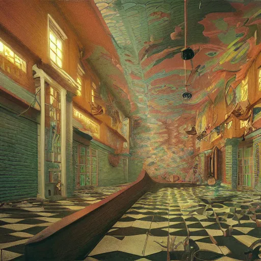 Image similar to hyper detailed 3d render like a Oil painting - the lunatic asylum, lovely pastel colors, by Jacek Yerka, Mariusz Lewandowski, Abstract brush strokes, Houdini Algorithmic Generative Art, Masterpiece, Edward Hopper and James Gilleard, Zdzislaw Beksinski, Mark Ryden, Wolfgang Lettl, hints of Yayoi Kasuma, octane render, 8k