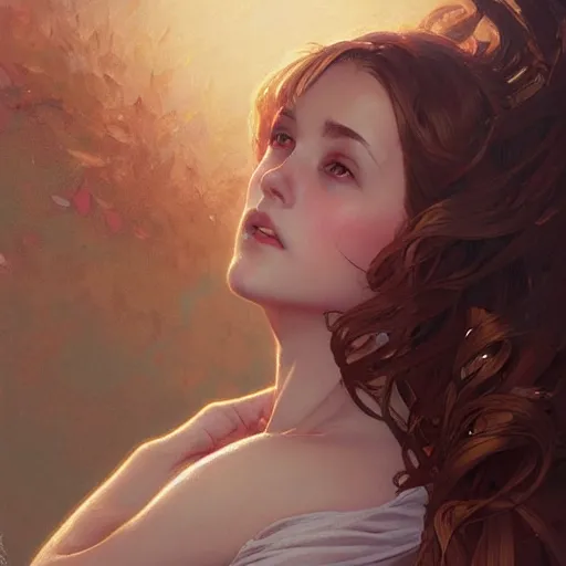 Image similar to Girl in love, subtle, looking far , highly detailed, digital painting, artstation, concept art, sharp focus, art by artgerm and greg rutkowski and alphonse mucha