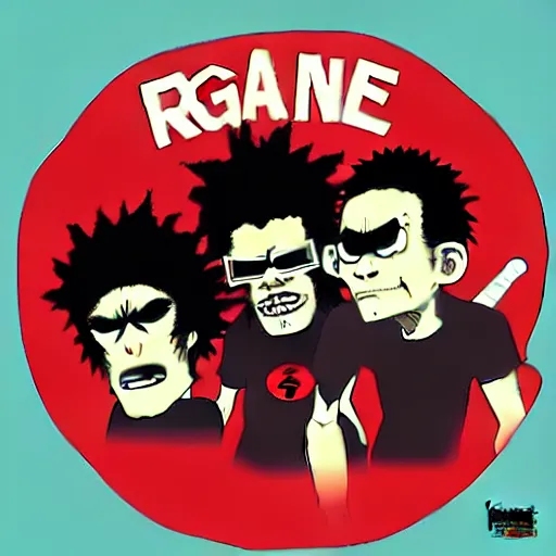 Prompt: [ rage against the machine ] band memebers in style of gorillaz!!, digital art, 2 d, cartoon style, artstation