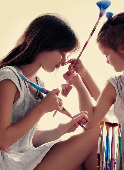 Image similar to a beautiful detailed photo of two girls painting each other, realistic, f 8, 4 k hd wallpaper