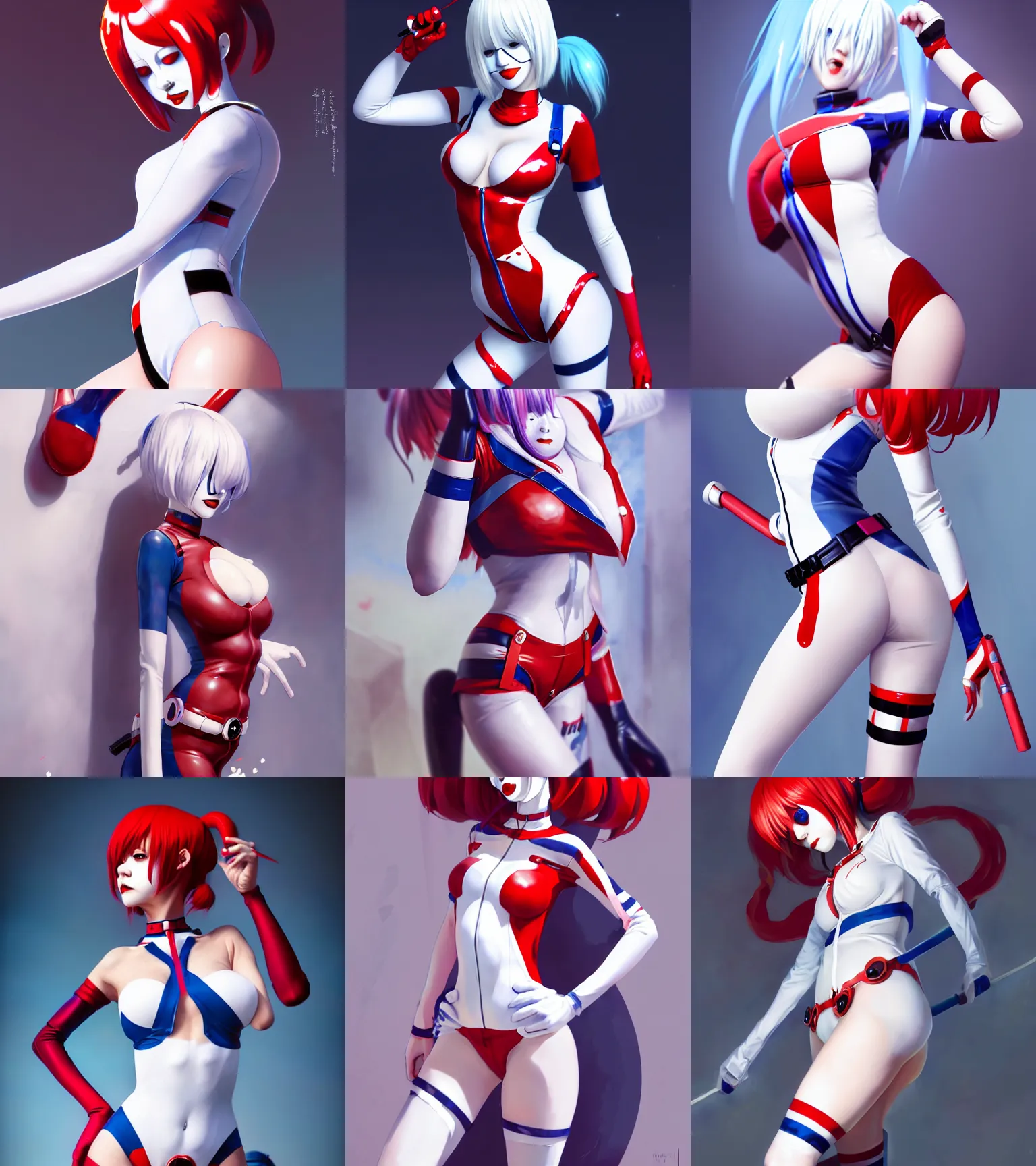 Prompt: attractive Ayanami Rei as Harley Quinn, hourglass slim figure, juicy legs, short red and blue hair, white zentai plugsuit, full body shot close up, cute seductive smile, details, sharp focus, illustration, by Jordan Grimmer and greg rutkowski, Trending artstation, pixiv, digital Art