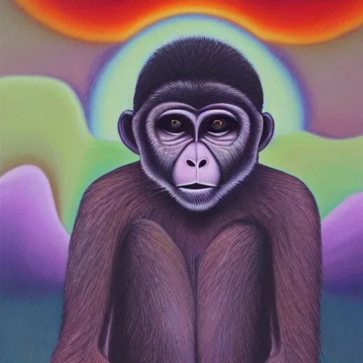 Prompt: an anthromorphic monkey man meditating in a zen garden, by amanda clark and amanda sage in a psychedelic style, oil on canvas