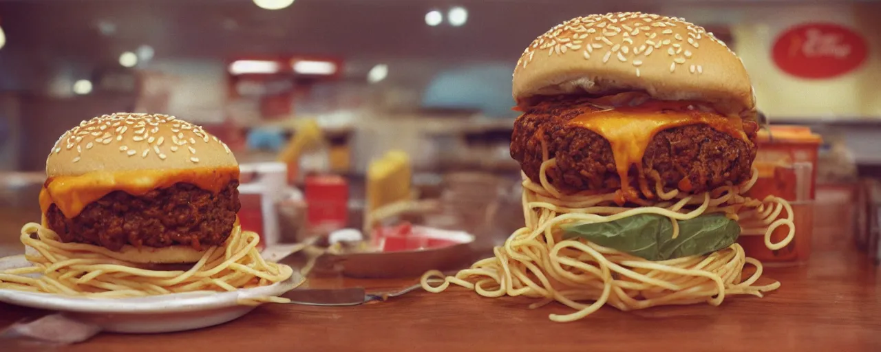 Image similar to spaghetti burger at a 1 9 9 0 s burger king ( restaurant chain ), canon 5 0 mm, kodachrome, in the style of wes anderson