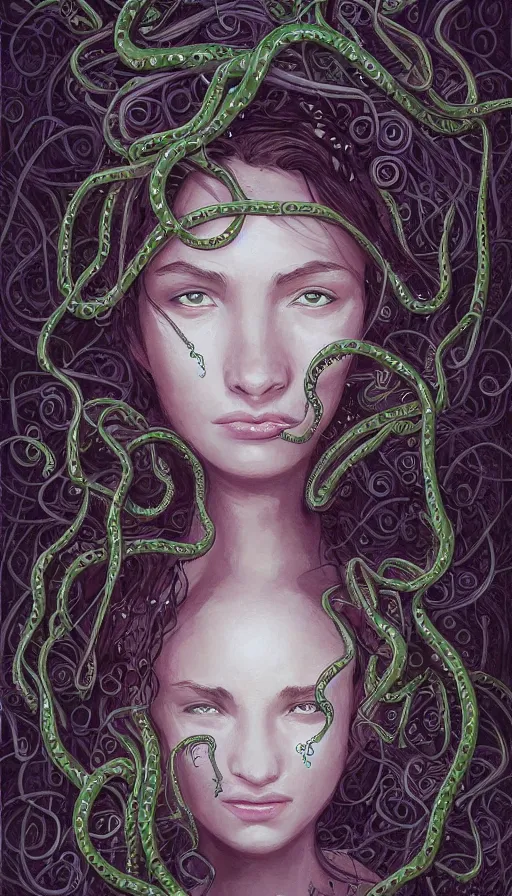 Prompt: very detailed portrait of a 2 0 years old girl surrounded by tentacles, the youg woman visage is blooming from fractal and vines, by ian mcque