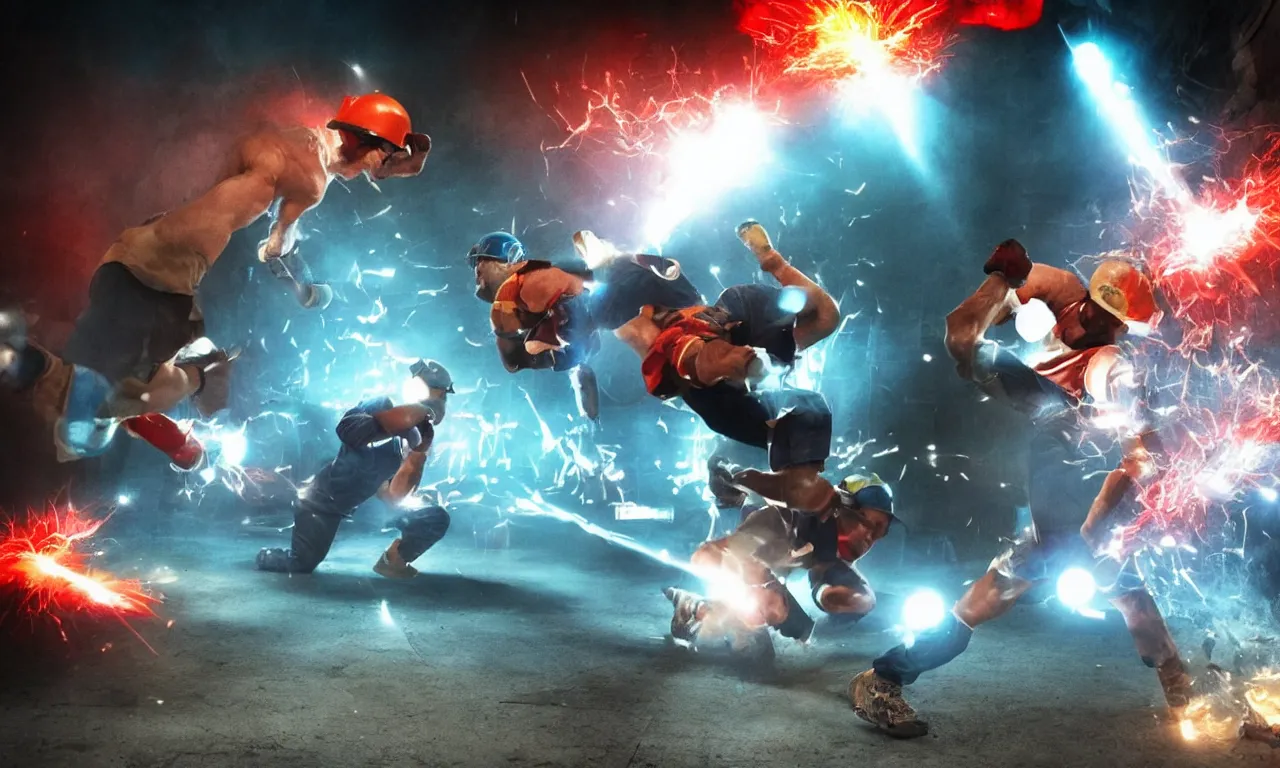 Image similar to epic fight between plumber and electrician in a room, dramatic, dynamic, flares, water, cinematic