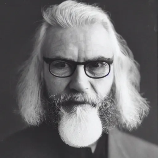 Prompt: man in his 5 0 s with long white hair, a white chin beard with no mustache and small thin - frame round glasses, no mustache