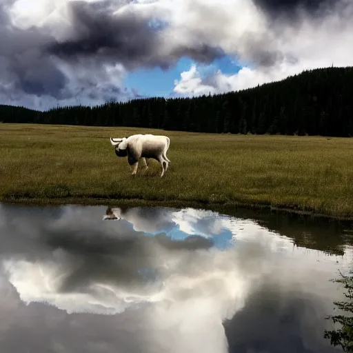 Prompt: a white bison in the clouds