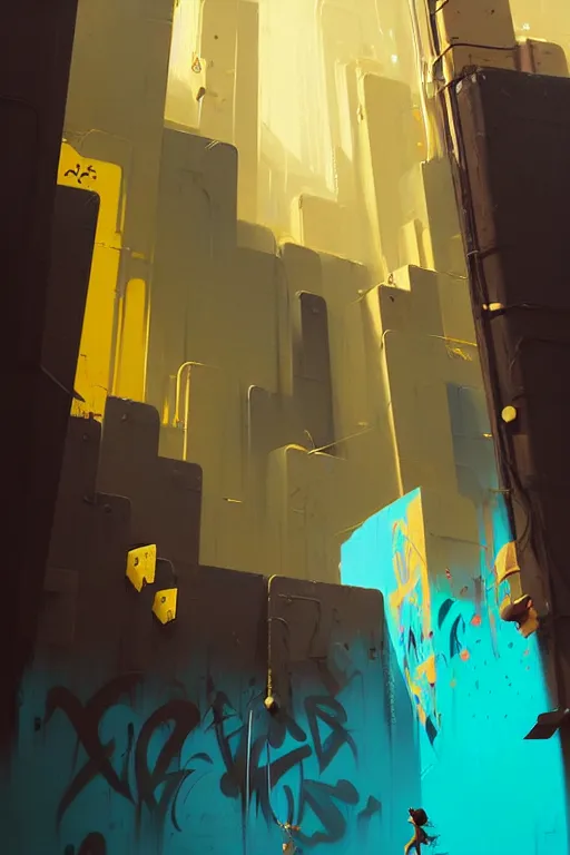 Image similar to matte painting extreme offset 3 d calligraphy graffiti mural wall extreme maximalism by atey ghailan, by greg rutkowski, by greg tocchini, by james gilliard, by joe fenton, yellow, brown, black and cyan color scheme, octane render