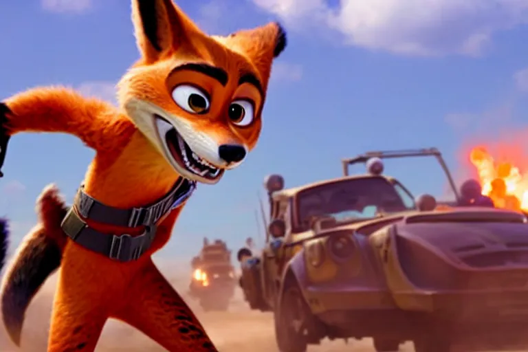 Image similar to nick wilde ( from zootopia ), heavily armed and armored facing down armageddon in a dark and gritty reboot from the makers of mad max : fury road