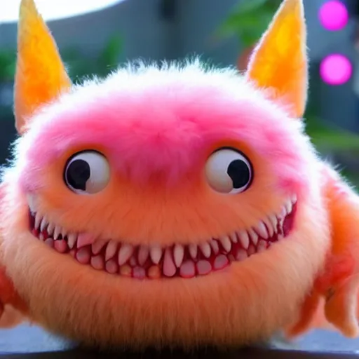Prompt: an alien with a face that looks like a fuzzy peach the peach is fuzzy pink warm and ripe the alien has horns and a mean smile the alien has chicken feet cruel smile, 4k, highly detailed, high quality, amazing, high particle effects, glowing, majestic, soft lighting