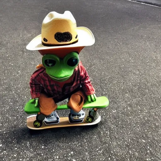 Prompt: a frog wearing a cowboy hat and riding a skateboard