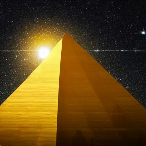 Image similar to high - detailed photographs glowing sun inside a golden architecture pyramid triangle front view axial dark sky, cinematic scene