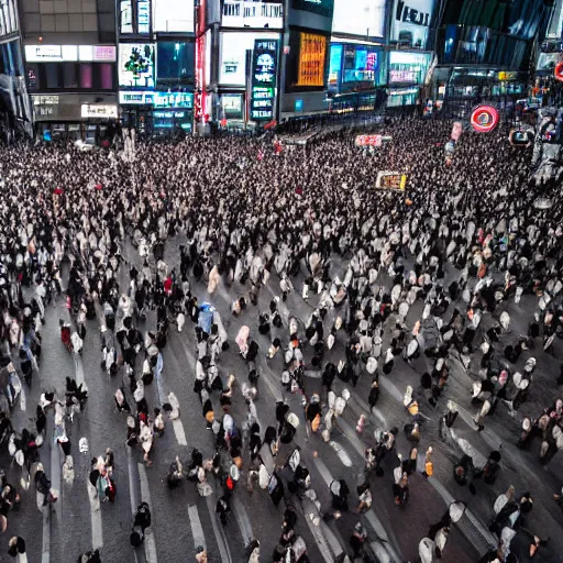 Prompt: the masses cross shibuya crossing, eerie vibes, liminal space, 8k photography