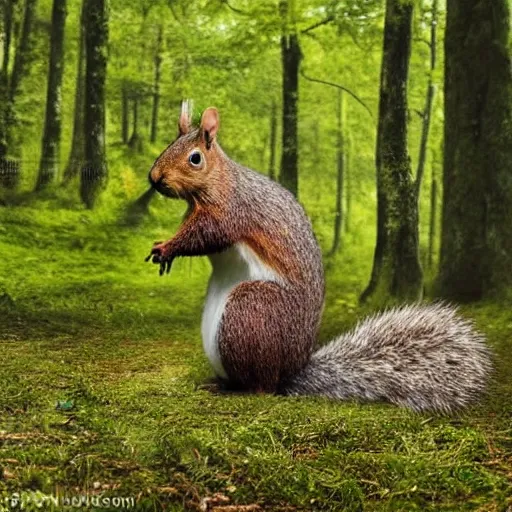 Image similar to a hyper realistic shot of a large squirrel with soft hair and tufts on its ears standing on its hind legs in a luscious green forest, a single weak ray of light emerging through the canopy and hitting the forest floor below him, 8 k, realistic