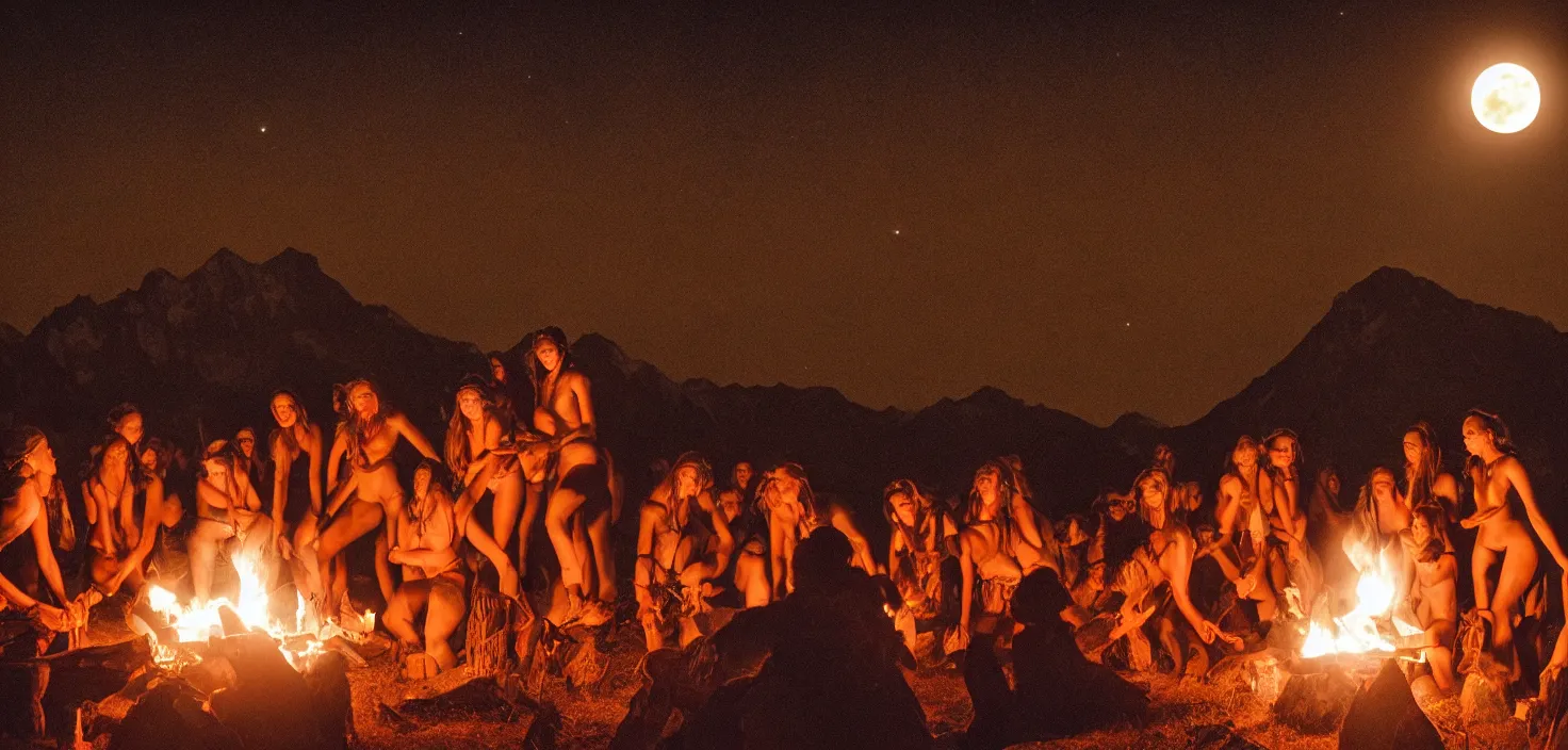 Prompt: a very high resolution historical image. a giant full moon in the mountains while young women writhe in their bonds in the firelight as the satanic ritual continues, 2 4 mm, photorealistic, photography, night directed by wes anderson