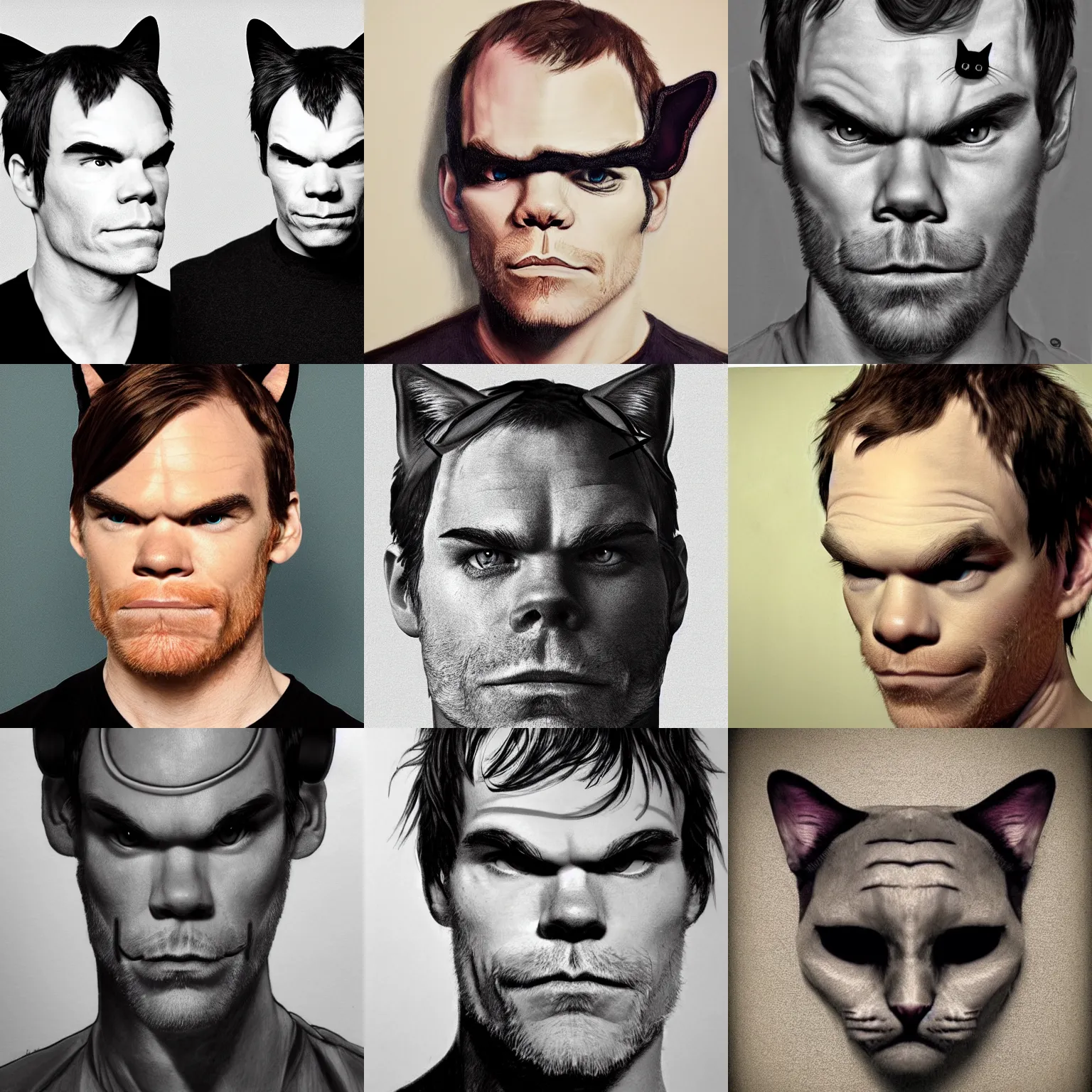 Prompt: michael c hall face, cat ears, cat nose, cat eyes, surrealist, detailed