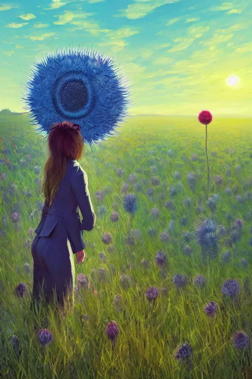 Prompt: portrait, enormous thistle flower under the head, a girl in a suit in field of flowers, surreal photography, sunrise, blue sky, dramatic light, impressionist painting, digital painting, artstation, simon stalenhag