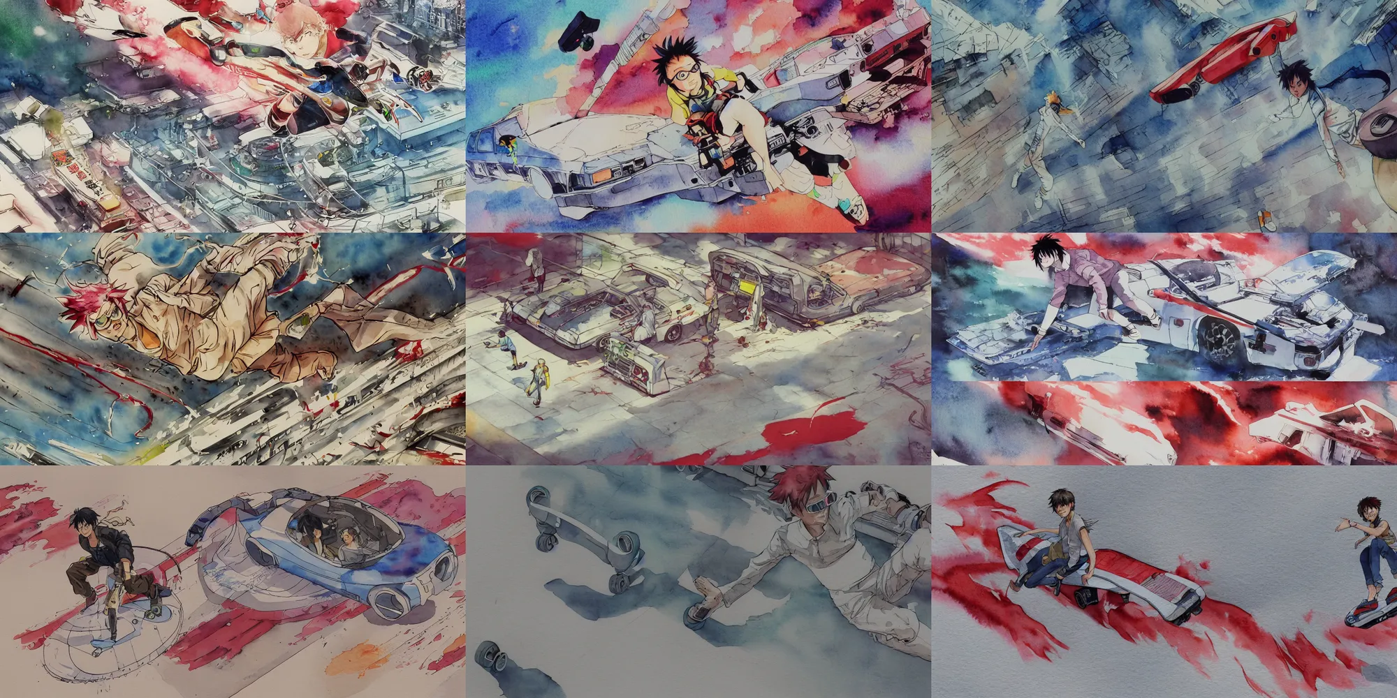 Prompt: incredible curvilinear screenshot, simple watercolor, water color paper, genius party, dusty abandoned shinjuku, close up of makoto kusanagi flying back to the future hoverboard kid, red jet powered flying hoverboard, wind, dust, sun bleached ground, jet set radio, koji morimoto, katsuya terada, masamune shirow, tatsuyuki tanaka hd, 4k, remaster, dynamic camera angle, deep 3 point perspective, fish eye, dynamic scene