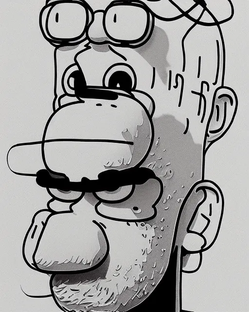 Prompt: portrait of homer simpson, concept art, sumi - e style, intricate linework, artstation, trending, highly detailed, smooth, focus, art by yoji shinkawa