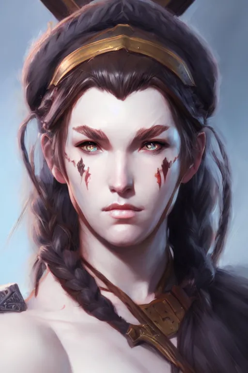 Prompt: head and shoulders portrait of a barbarian, female, high fantasy, dnd, by artgerm, krenz cushart