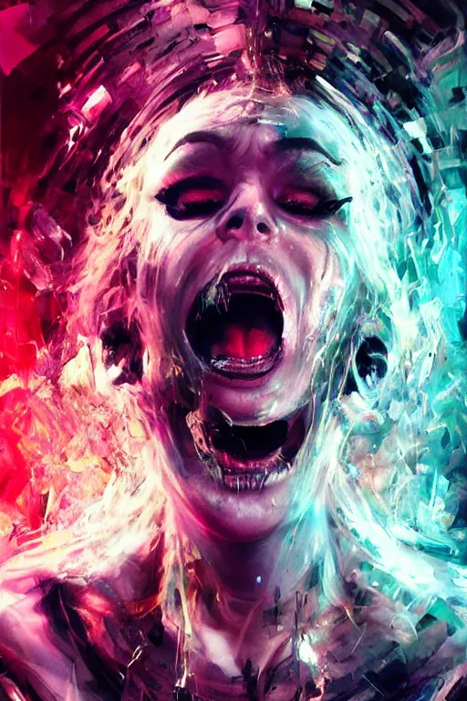 Image similar to portrait, headshot, digital painting, an beautiful techno - witch lady in circuit electronic mask, screaming in rage, pearlescent, synthwave, glitch, fracture,, realistic, hyperdetailed, chiaroscuro, concept art, art by john berkey